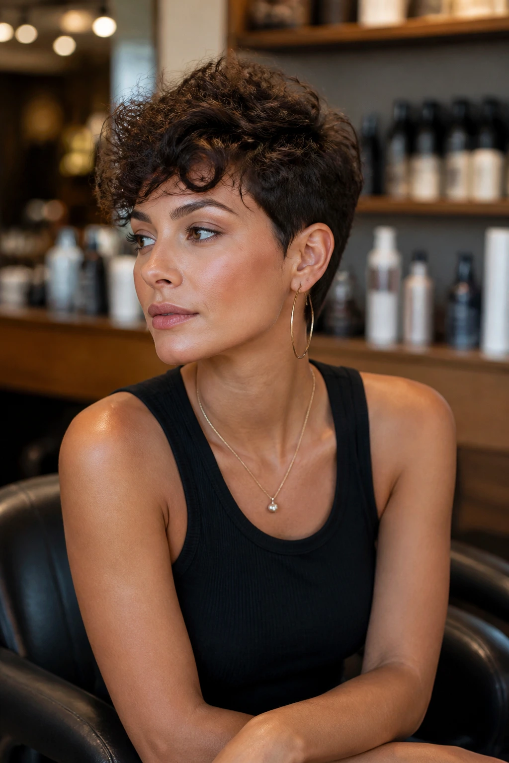 Portrait of a woman in a salon with long pixie cut ready for guidance on asking for the cut