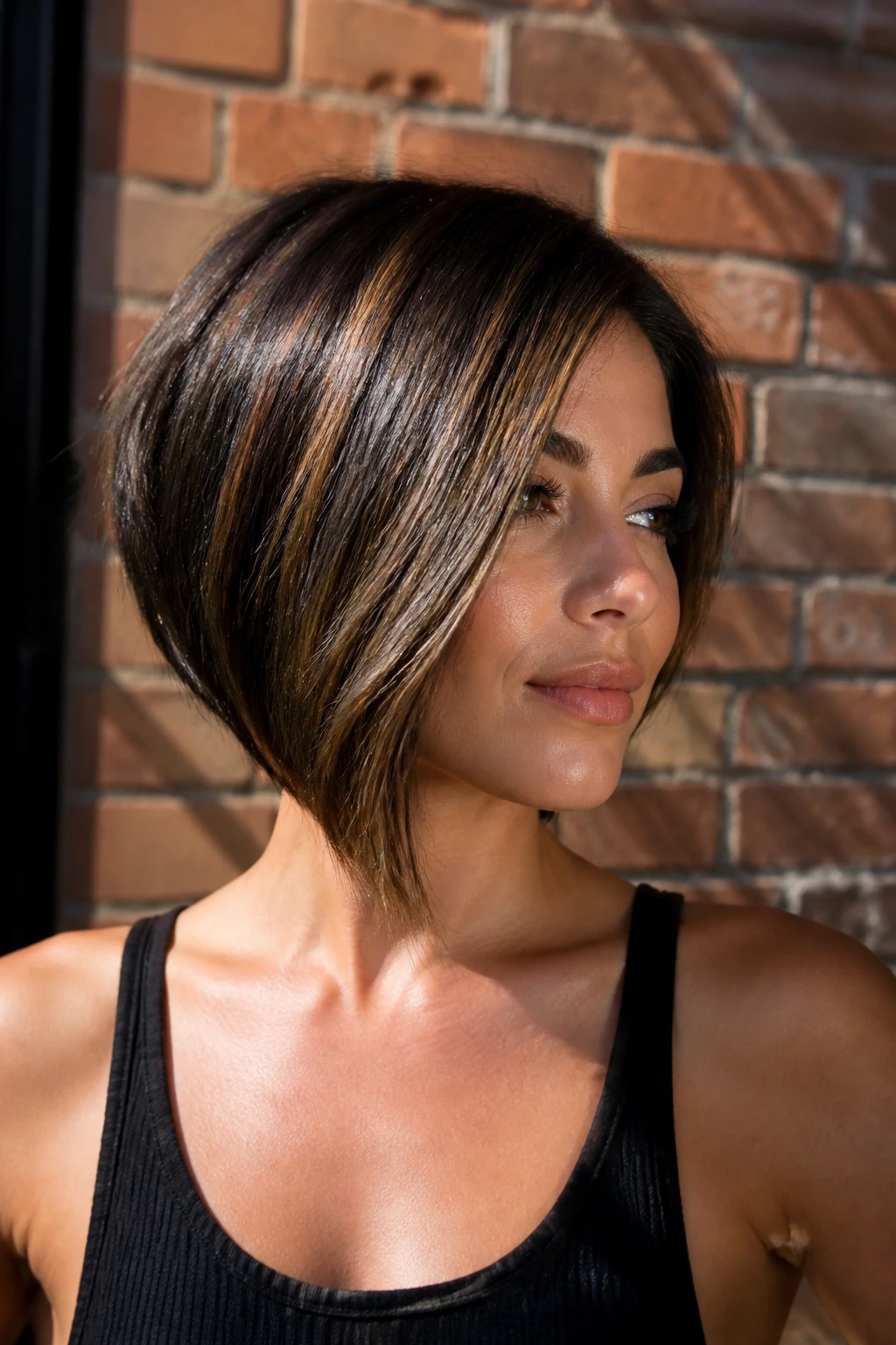 Three-quarter portrait of a real woman with asymmetric bob bronze lowlights against a brick backdrop