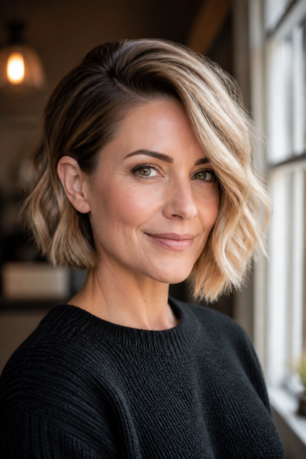 Portrait of a woman with a deep side part and asymmetric bob