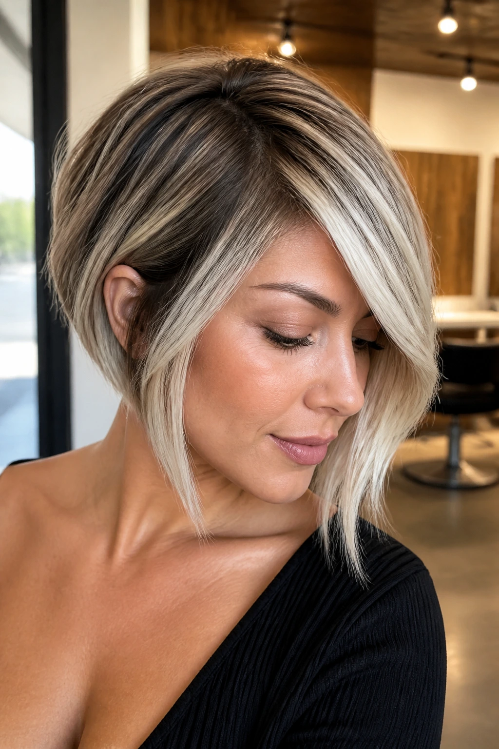Close-up portrait of a real woman with an asymmetric bob and ice blonde face-framing pieces.