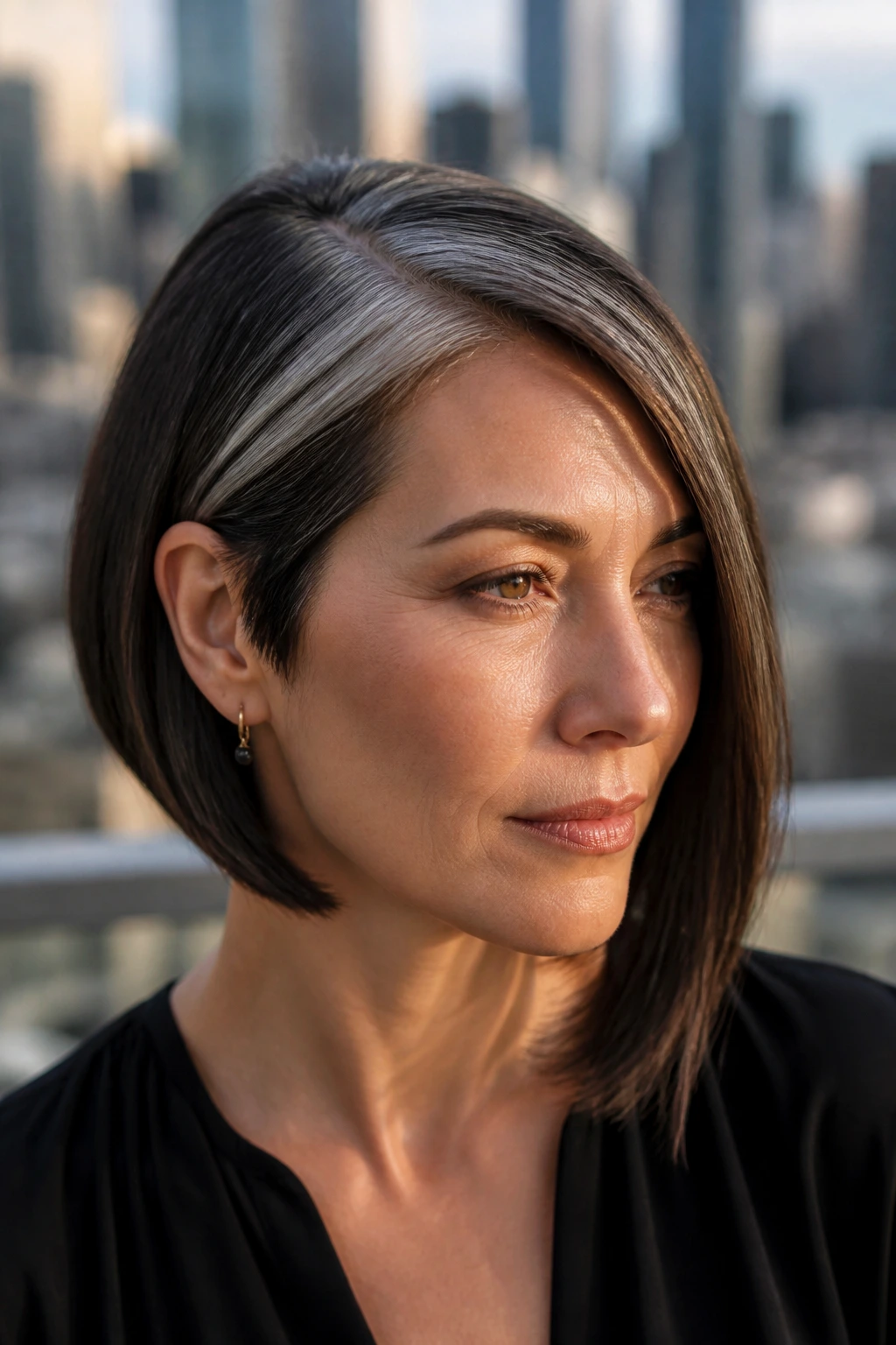 Close-up portrait of a woman with an asymmetric bob and a sharp grey line.