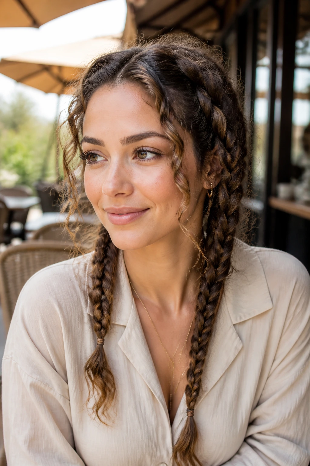 Close-up of asymmetrical twin braids on a real person with one braid positioned higher