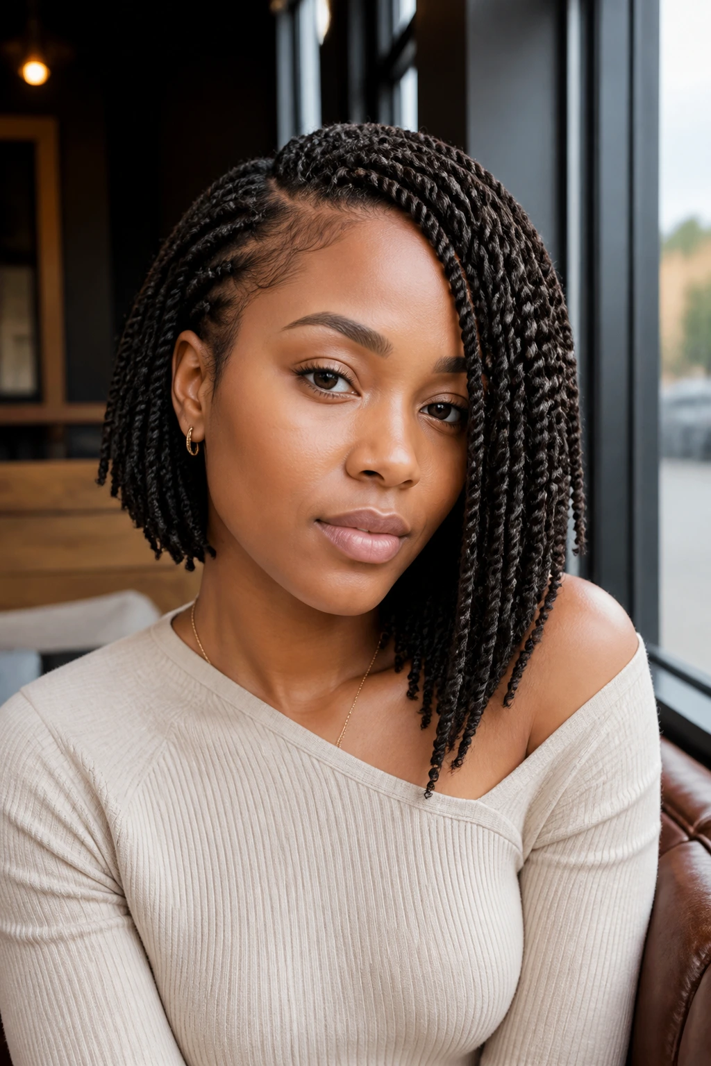 Real woman with asymmetric crochet bob showing longer side for elongation