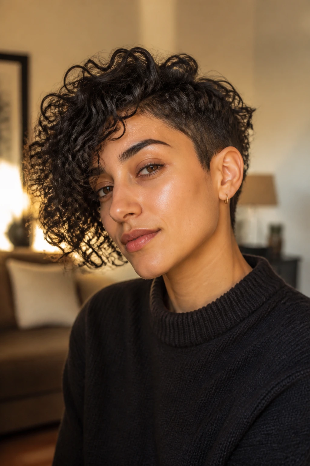 Close-up of a real person with an asymmetric curly bob.