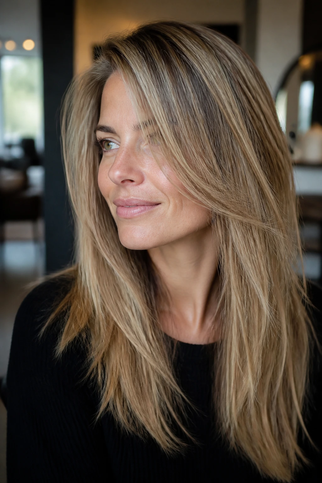 Portrait of a real woman with an asymmetric front sweep hairstyle