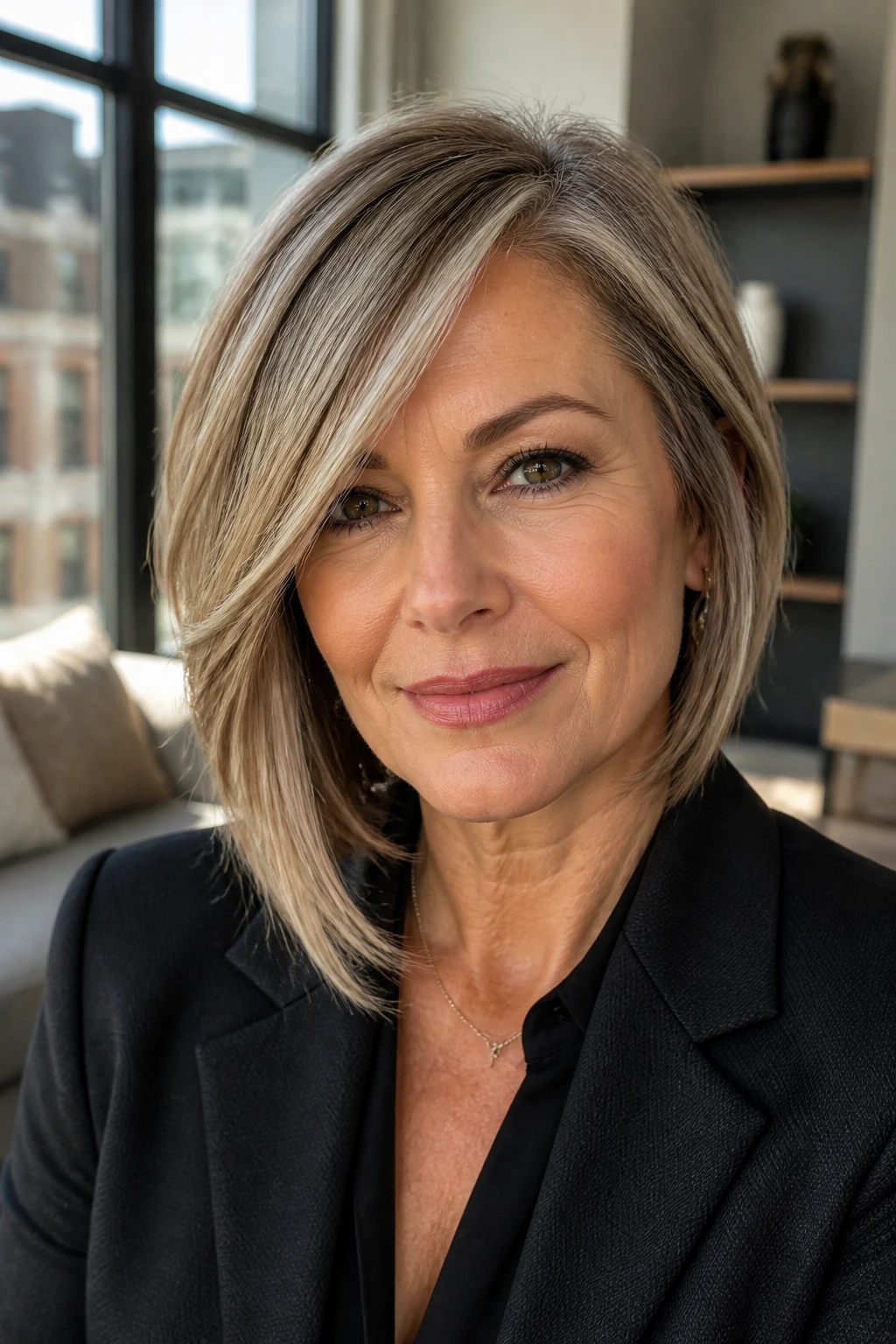 Real woman with asymmetric layered bob in a bright urban setting