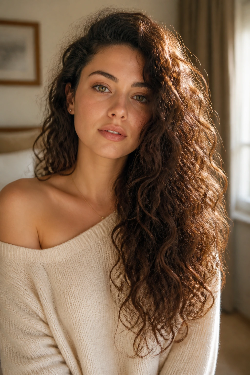 Close-up of a real woman with asymmetrical long curls showing one side longer than the other