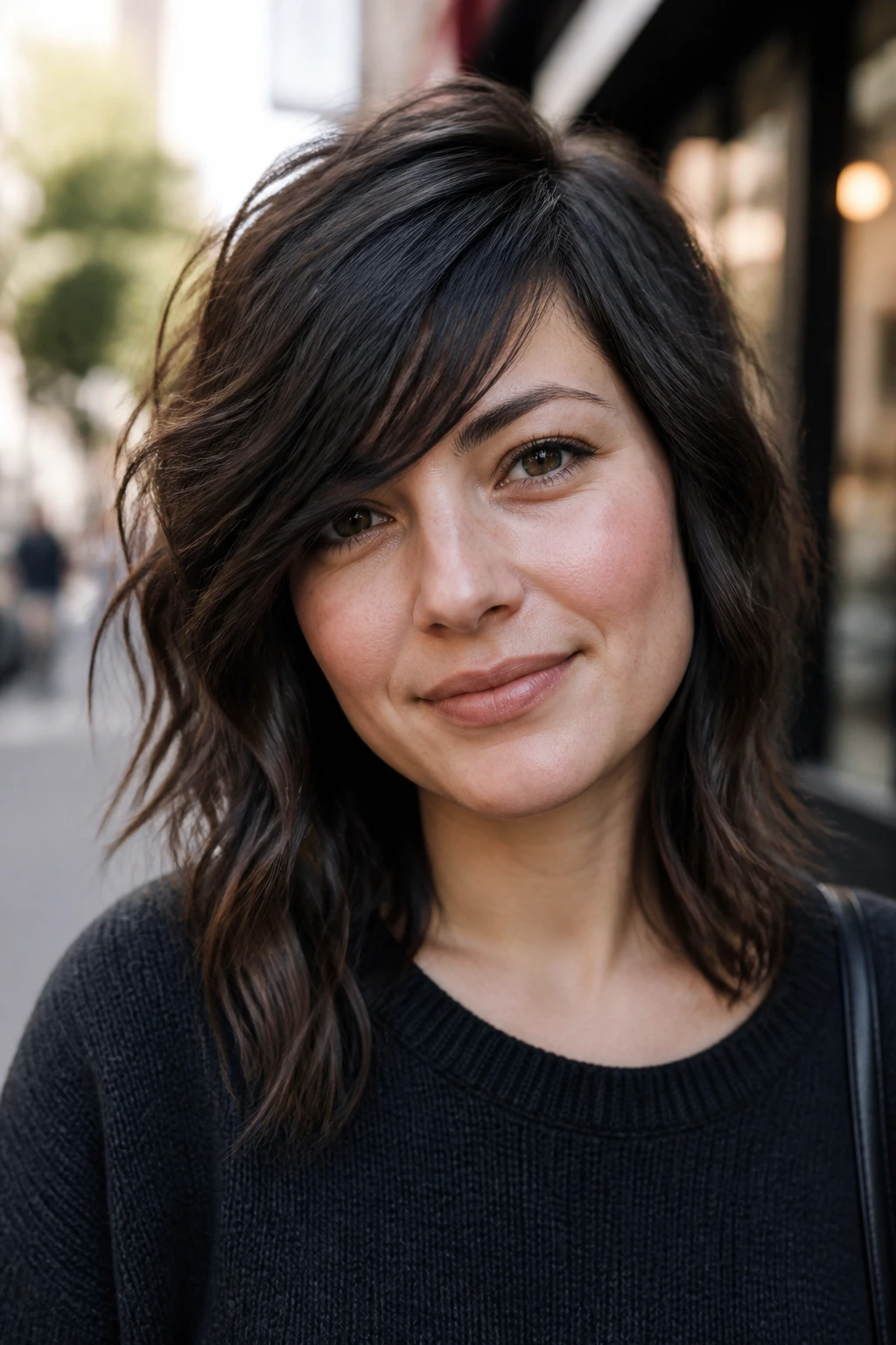 Woman with deep side-swept shag hairstyle on city sidewalk