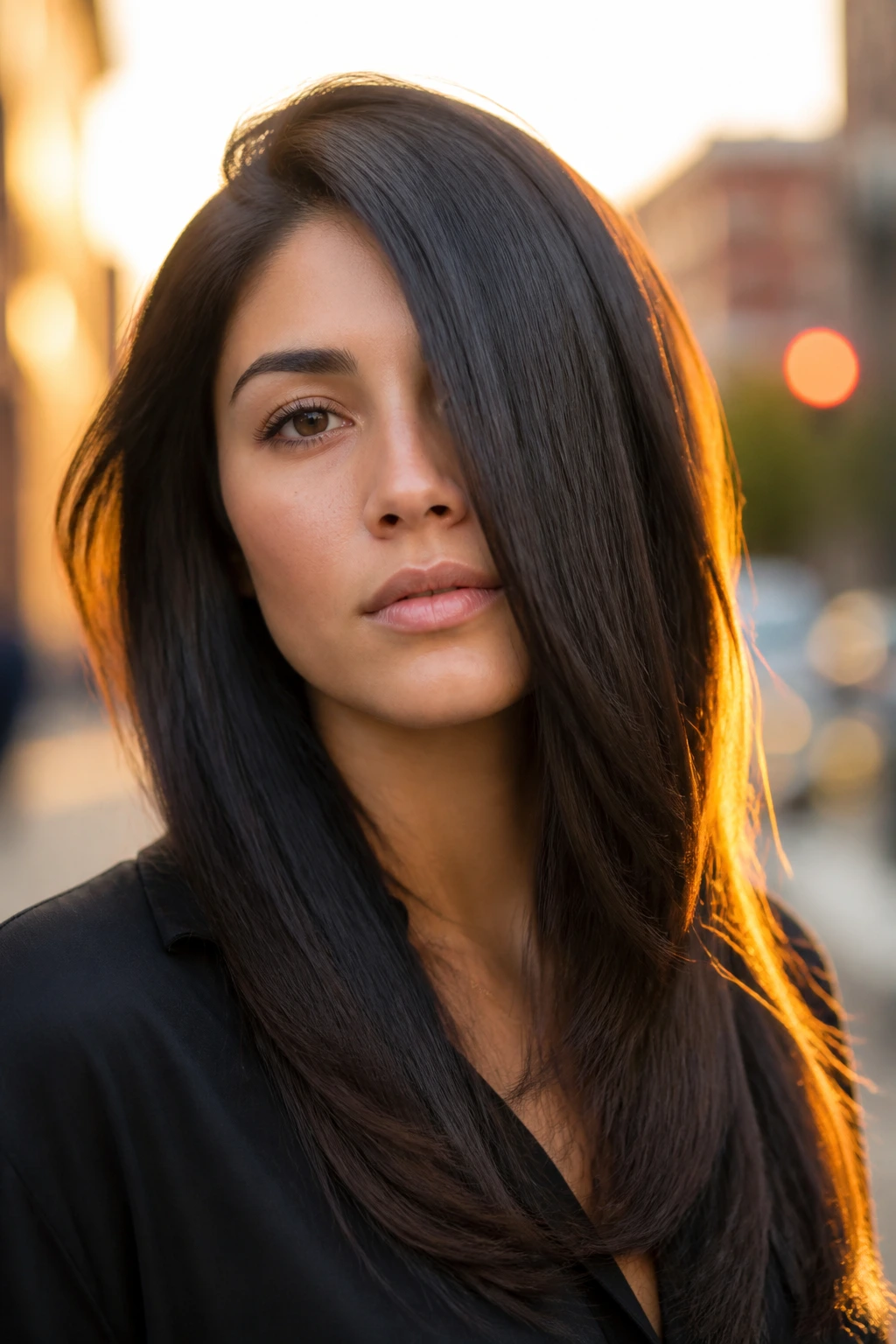 Portrait of a woman with asymmetric sweep layers of straight hair