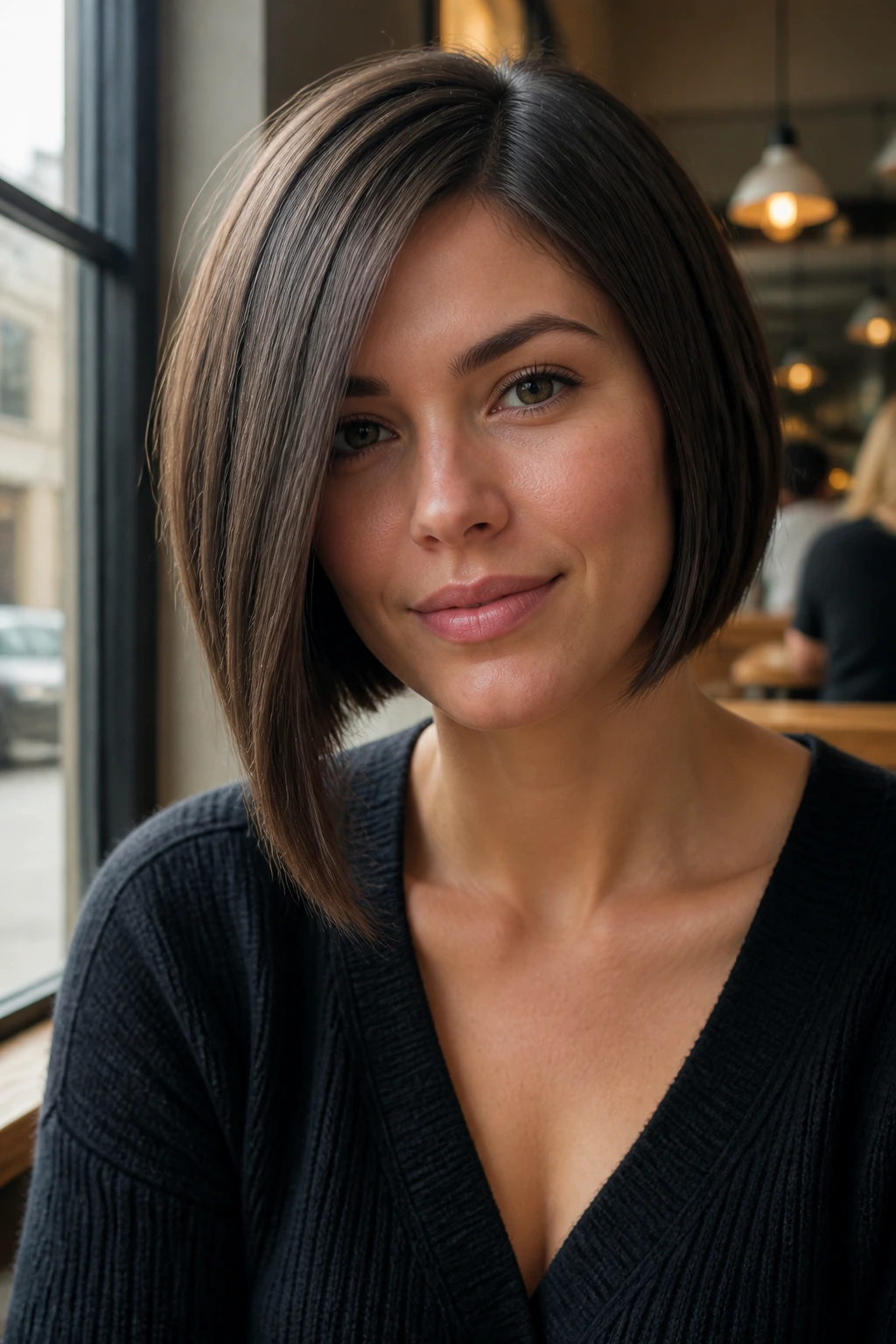 Portrait of a real woman with an asymmetrical A-line bob