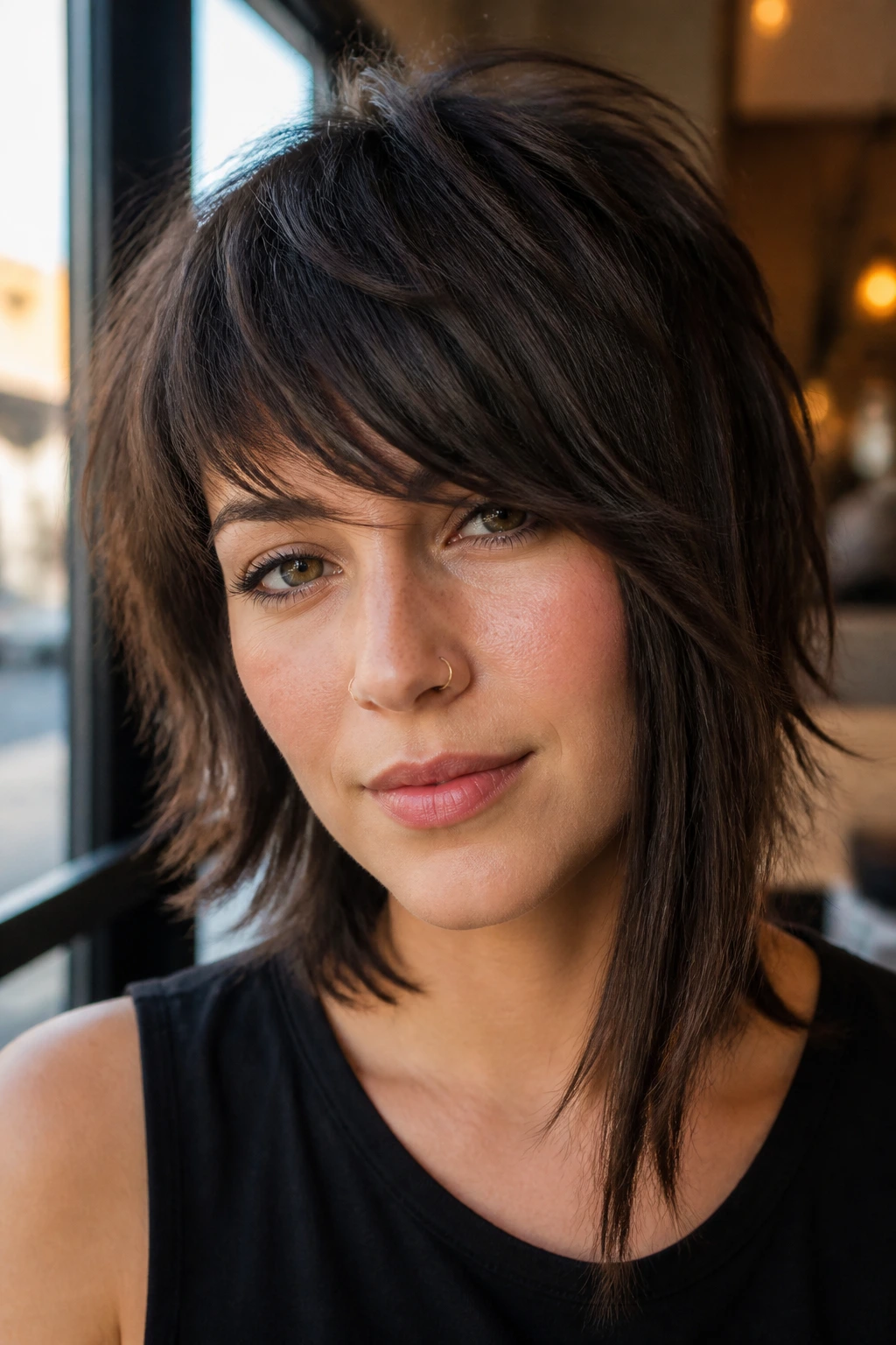 Portrait of a woman with asymmetrical angled shag and side bangs
