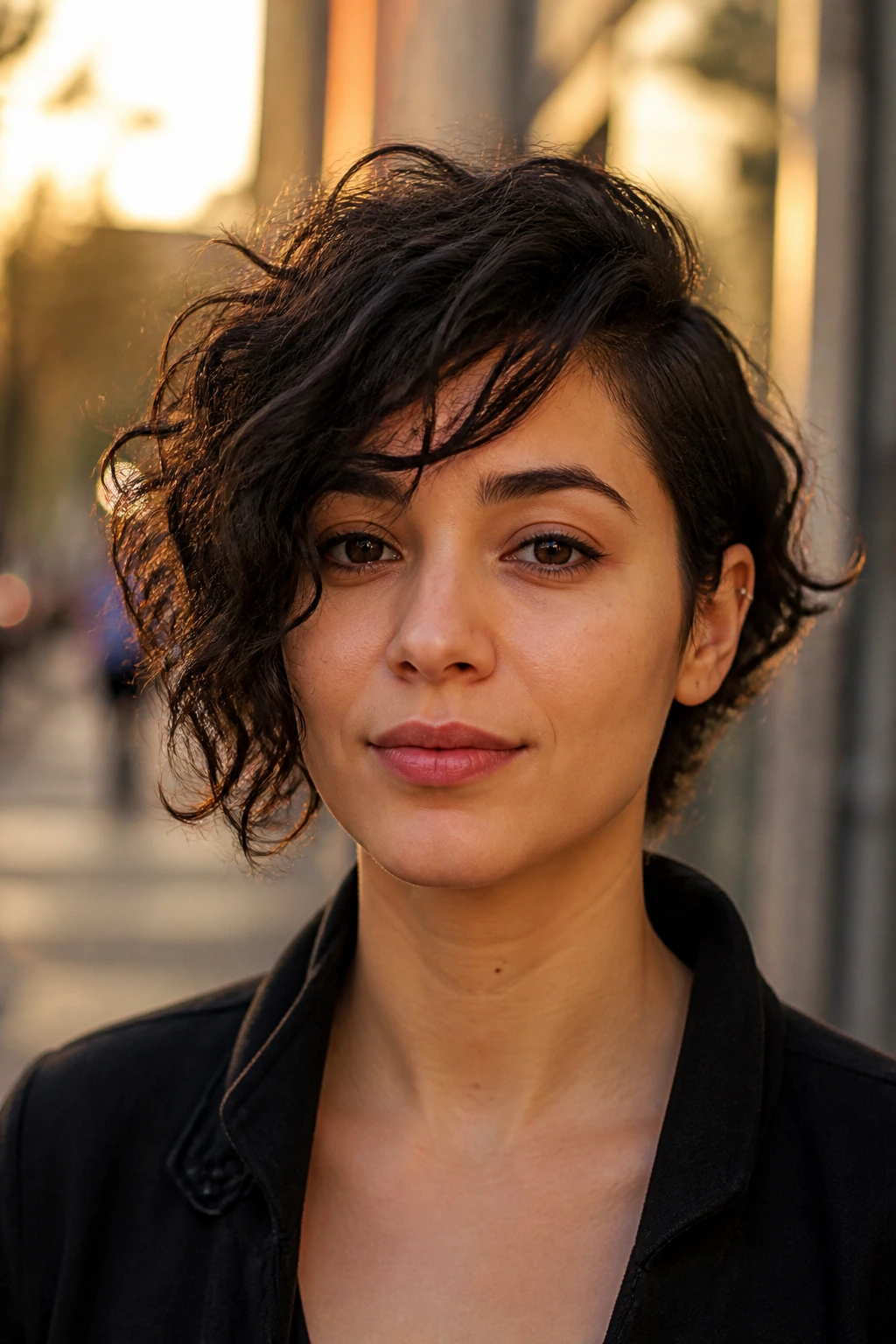 Close-up of a real person with asymmetrical bangs and curly hair on an urban street