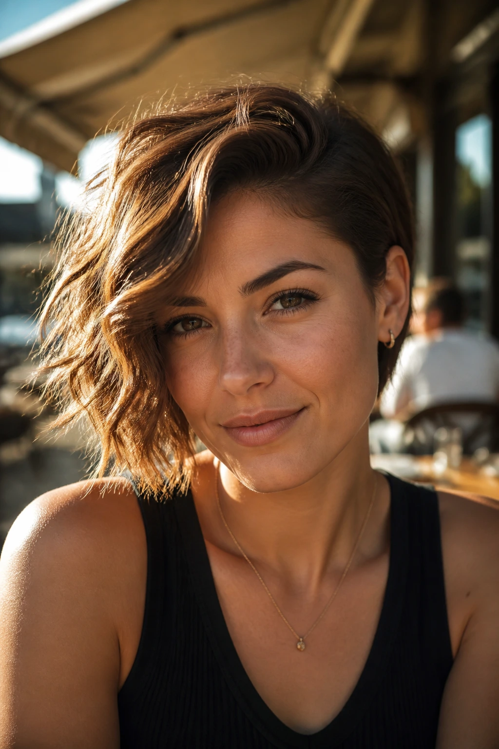 Close-up of a real person with an asymmetrical beach bob