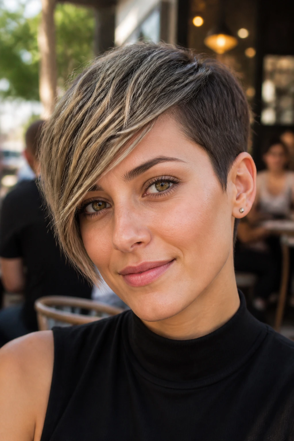 Close-up of a real woman with an asymmetrical bixie and layered front panel.