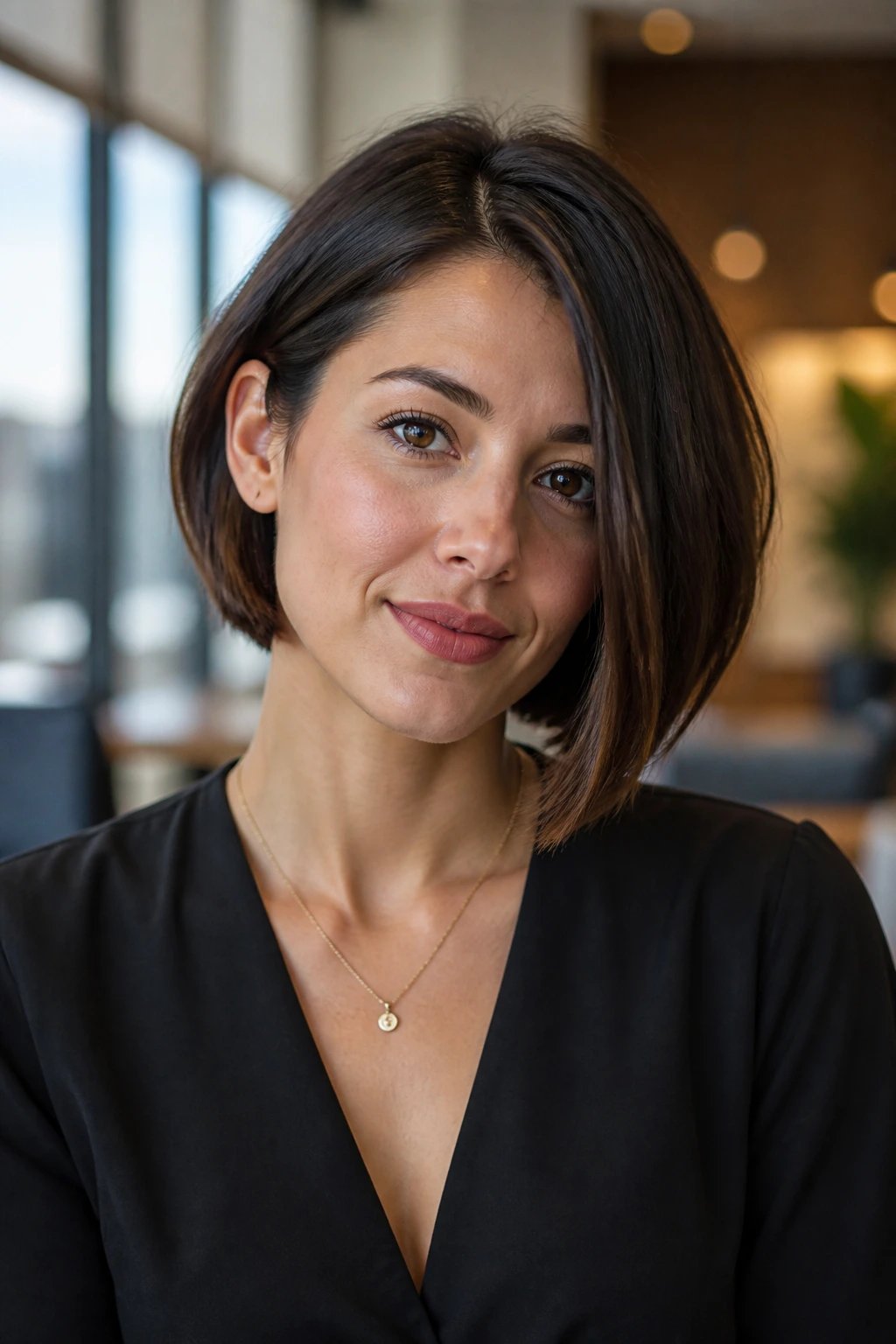 Woman with a subtle asymmetrical bob and off-center part in window light
