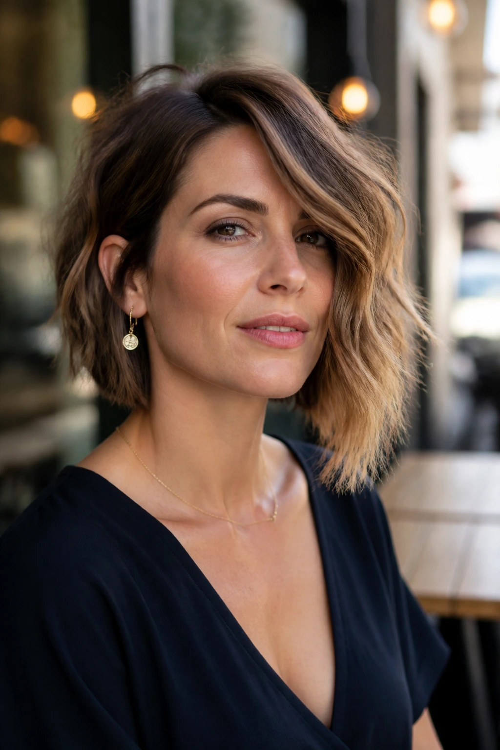 Real woman with an asymmetrical bob in an outdoor cafe setting