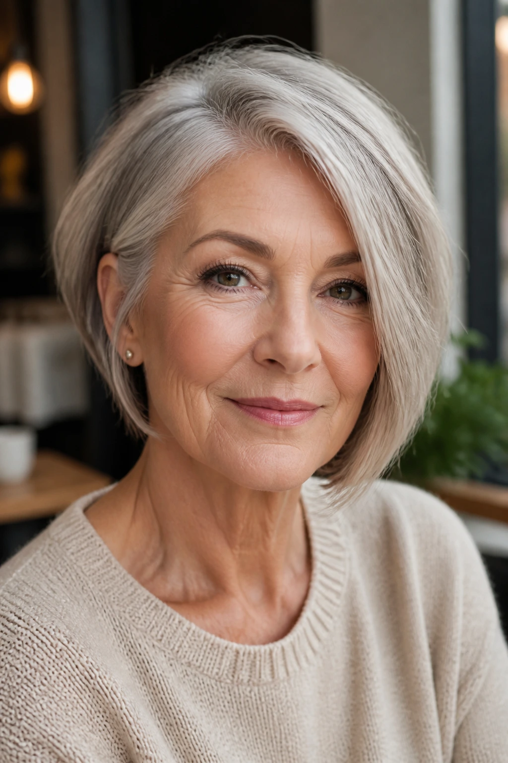 Portrait of an older woman with an asymmetrical bob in soft cafe light.