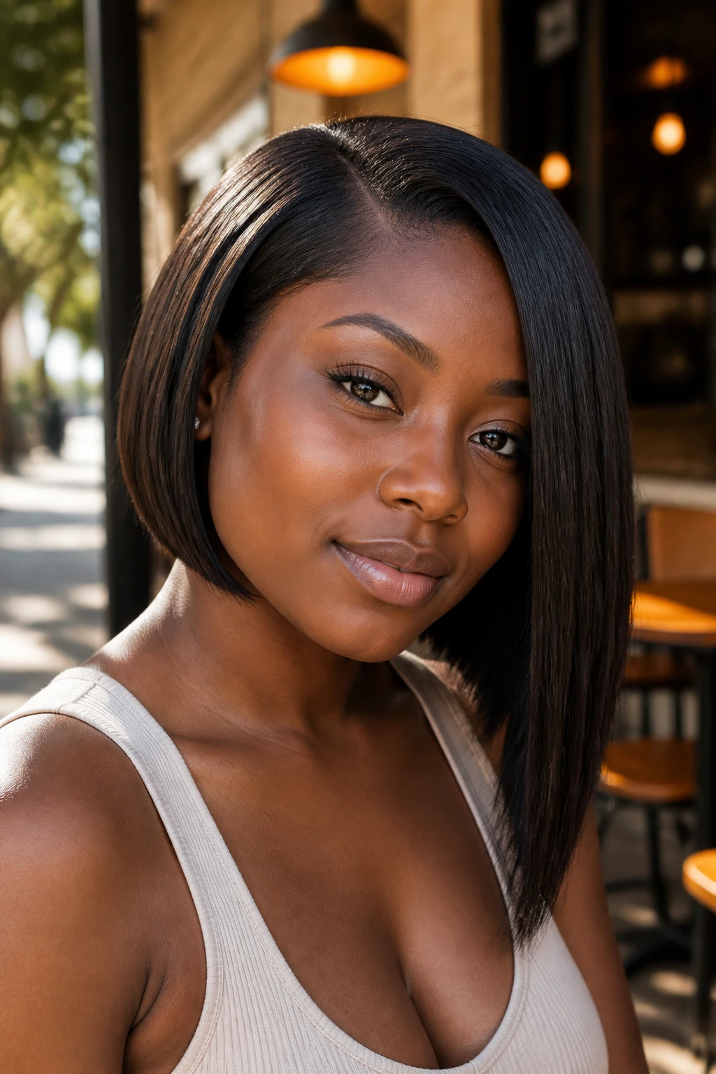 Close-up portrait of a real Black woman with an asymmetrical bob dropping lower on one side