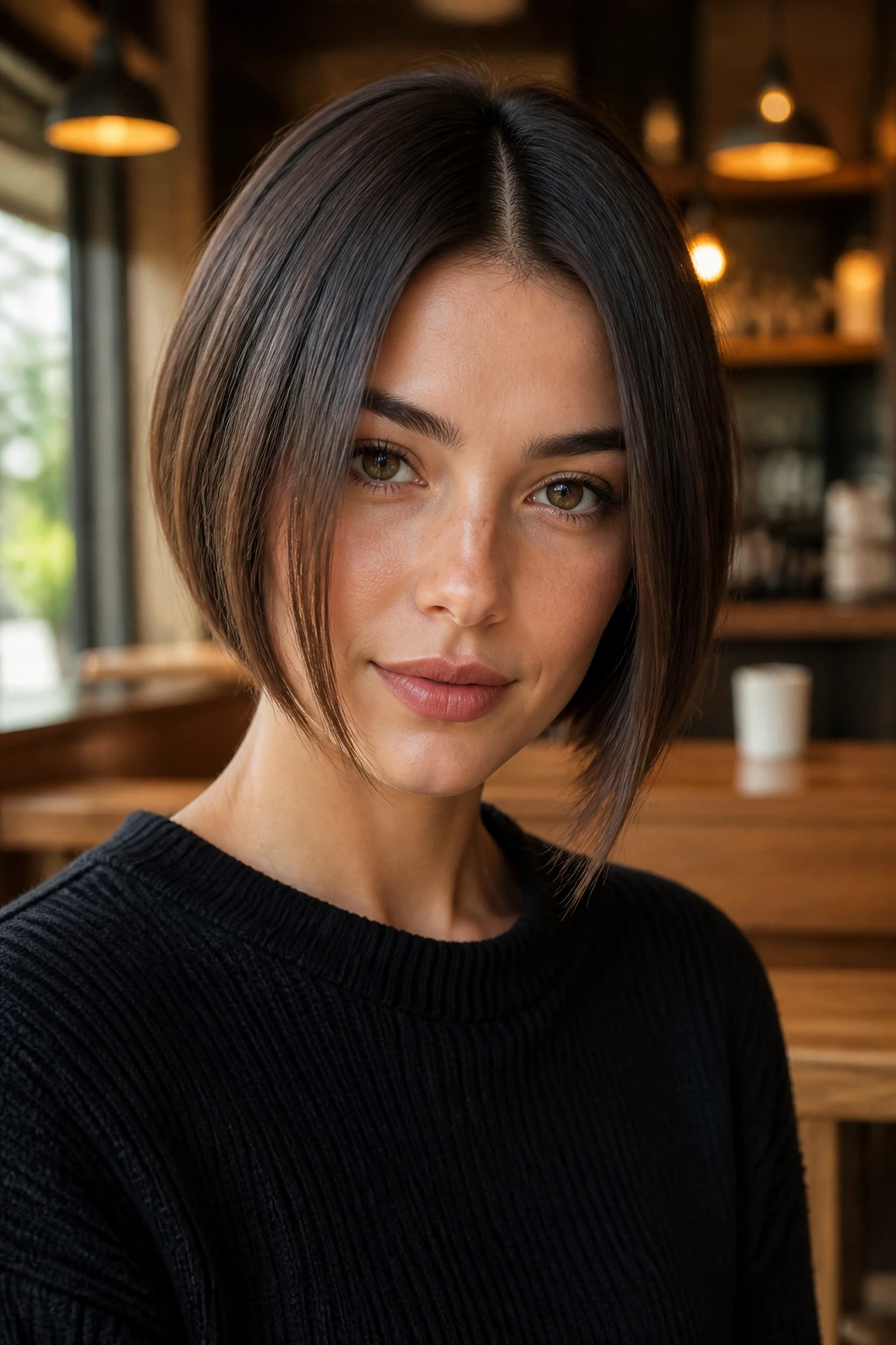 Real woman with asymmetrical bob and balanced front pieces.