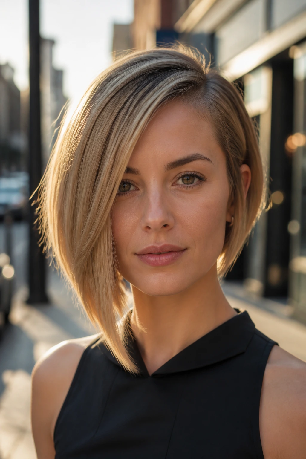Close-up of woman with asymmetrical bob and blunt ends