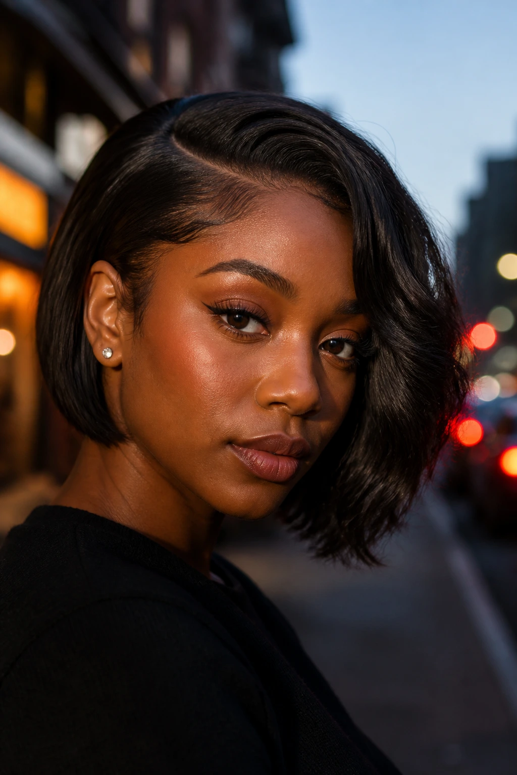 Portrait of a Black woman wearing an asymmetrical bob with one side longer than the other.