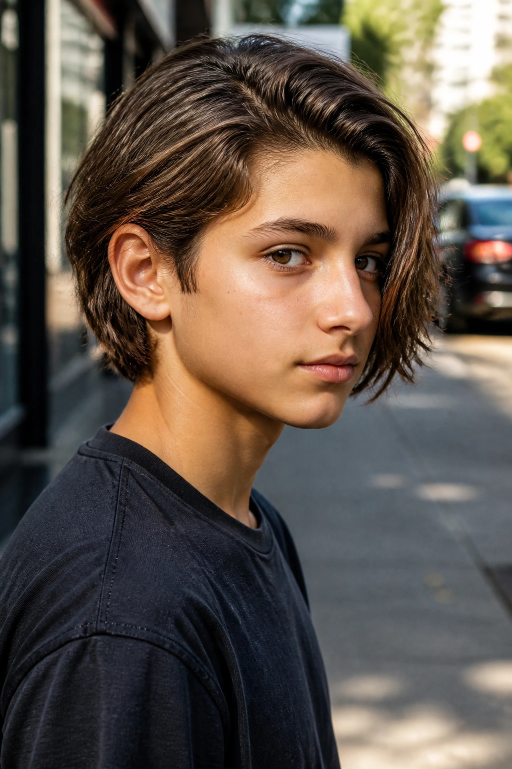 Close-up portrait of boy with asymmetrical bob on city street