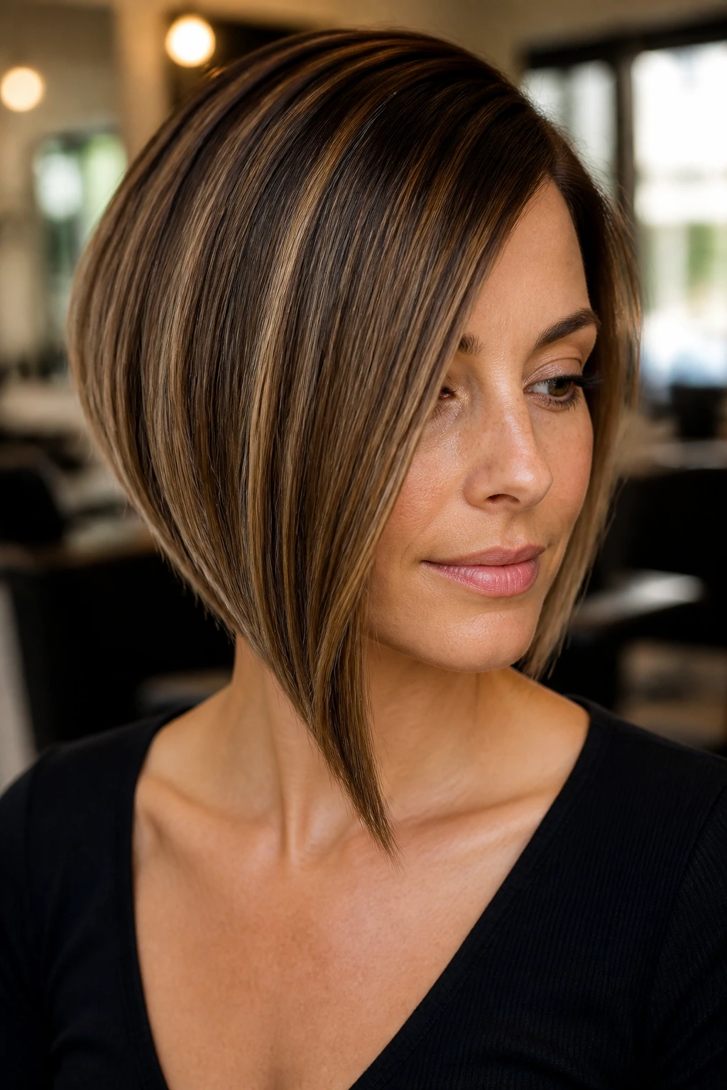 Portrait of a real woman with an asymmetrical bob and caramel highlights in a salon