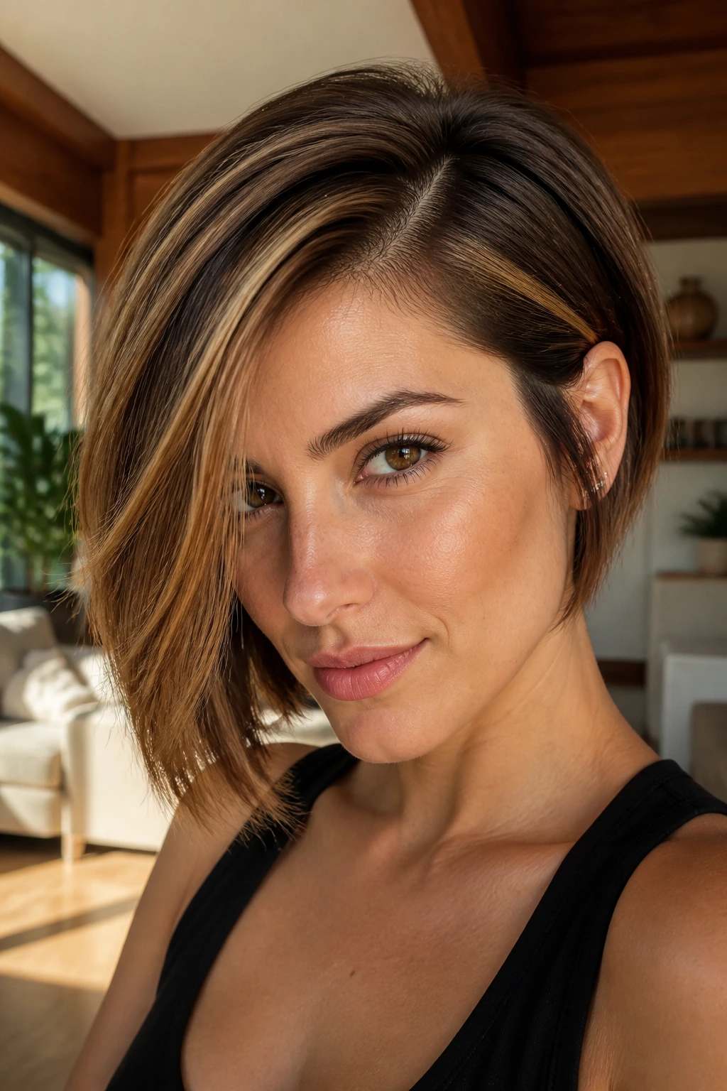 Close-up portrait of a real woman with an asymmetrical bob and deep side part, caramel highlights along jawline