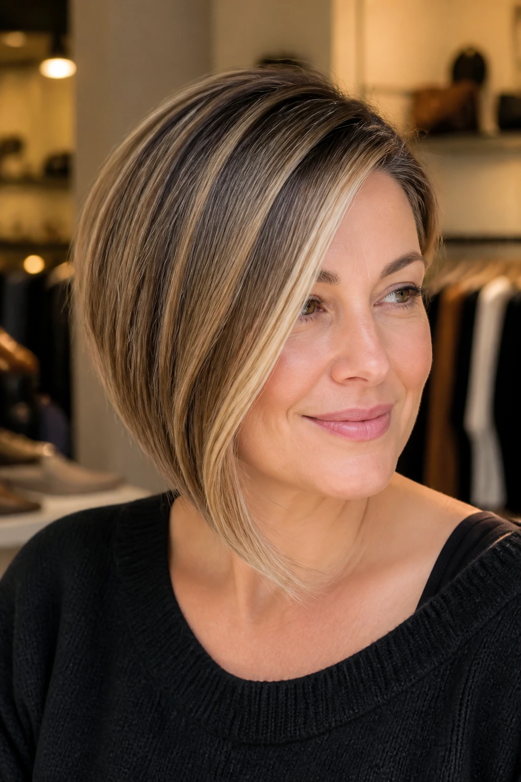 Real woman with an asymmetrical bob and champagne pop highlights.