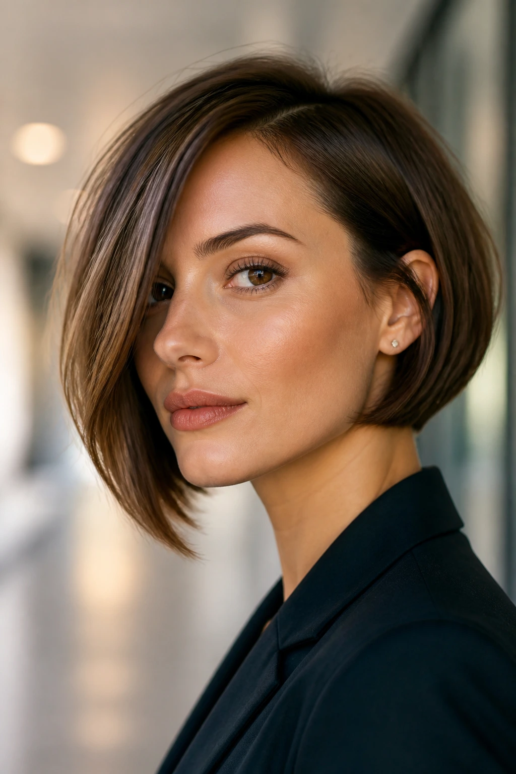 Close-up portrait of a real woman with an asymmetrical bob that sweeps along the cheekbone.