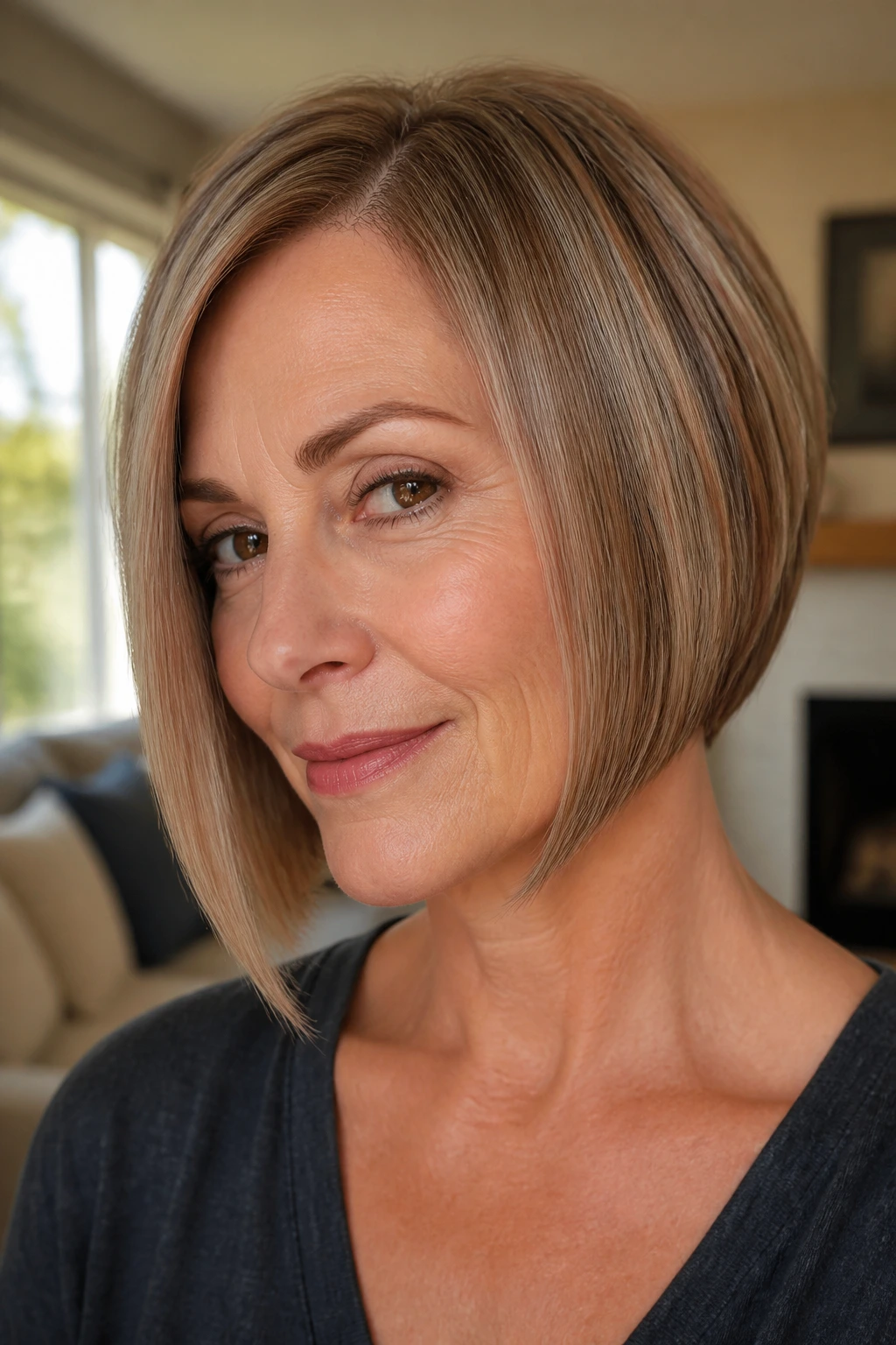 Close-up portrait of a real woman with chin-length angle and longer front side in an asymmetrical bob