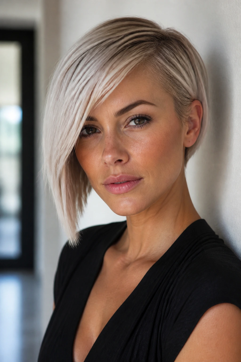Portrait of a woman with an asymmetrical bob and cool side sweep