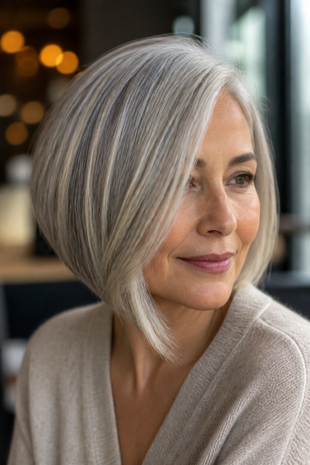 Portrait of real woman with asymmetrical bob and creamy grey blend