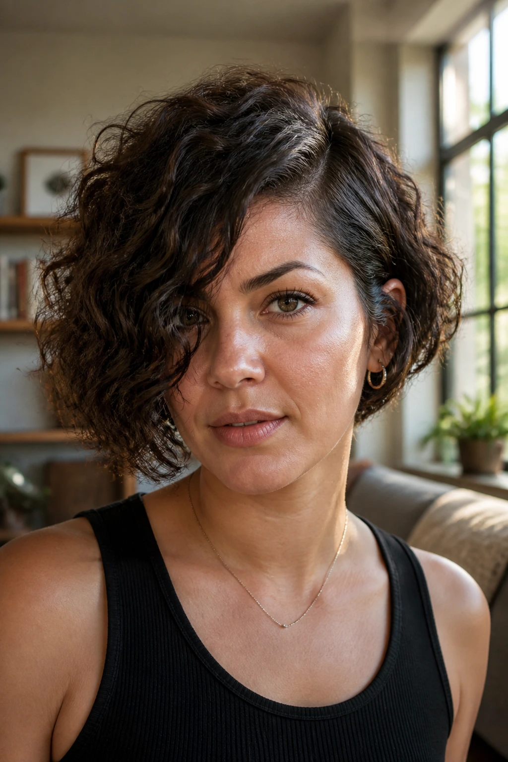 Close-up of a real woman with an asymmetrical bob at cheek level