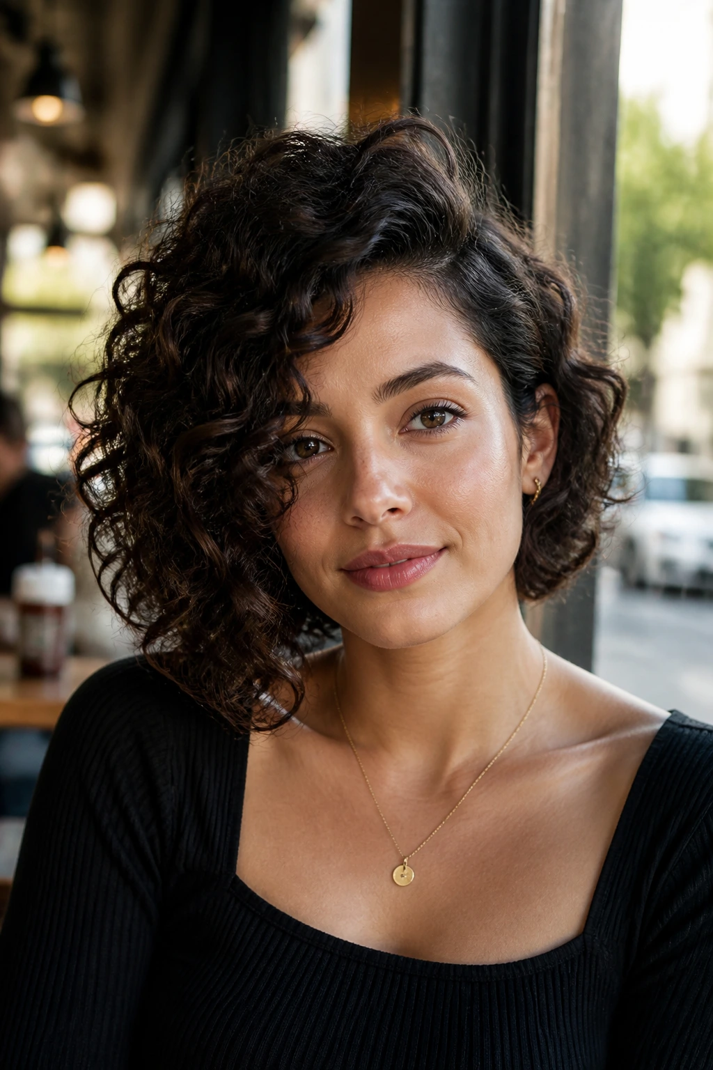 Close-up portrait of a woman with an asymmetrical curly bob