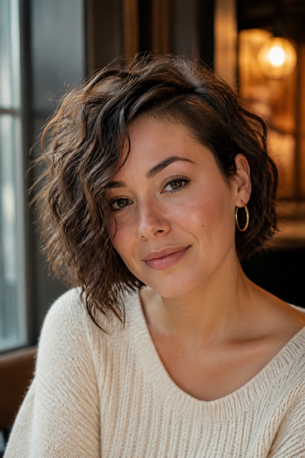 Portrait of a real woman with an asymmetrical curly bob featuring a longer side
