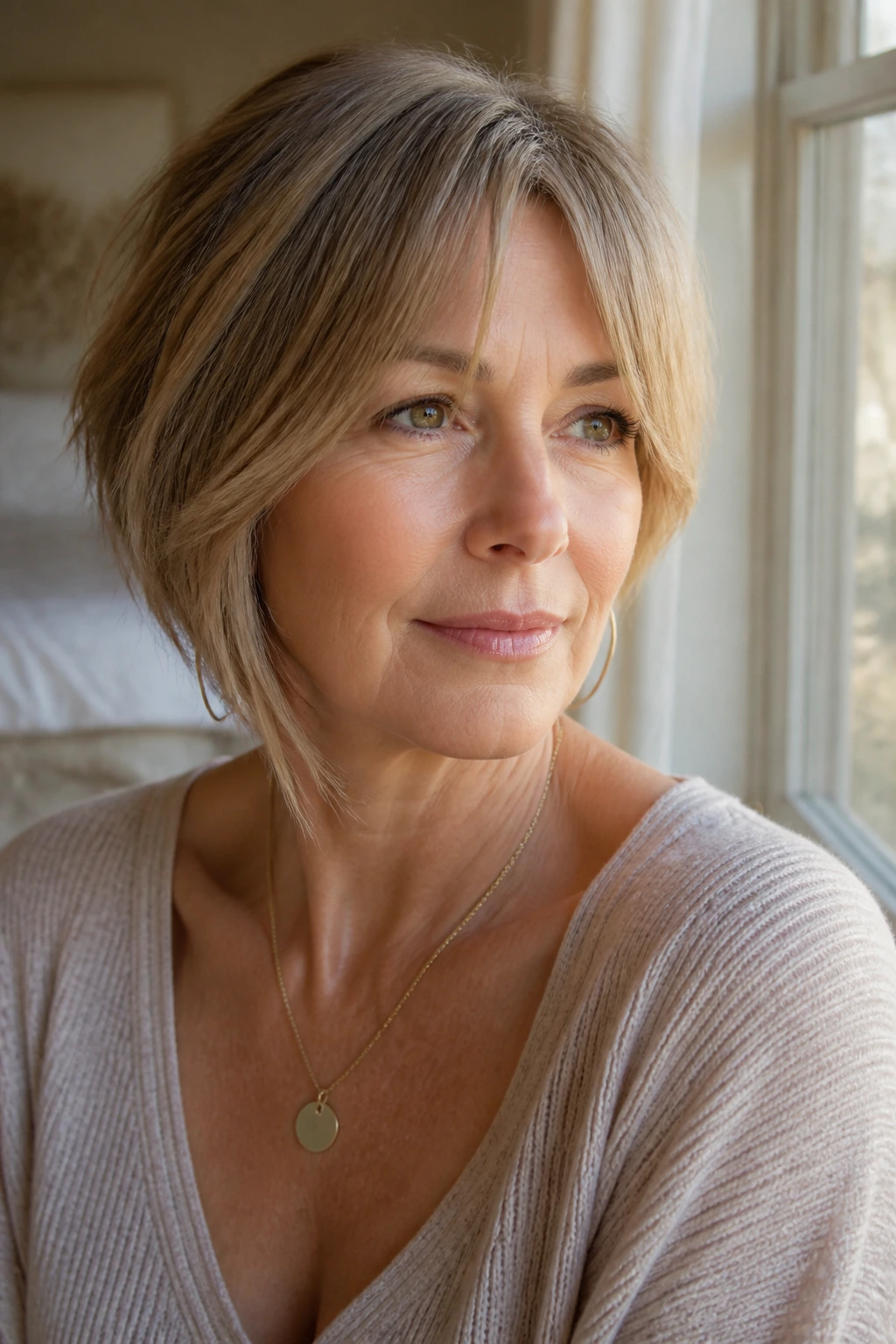 Close-up of a real woman with curtain bangs and an asymmetrical bob