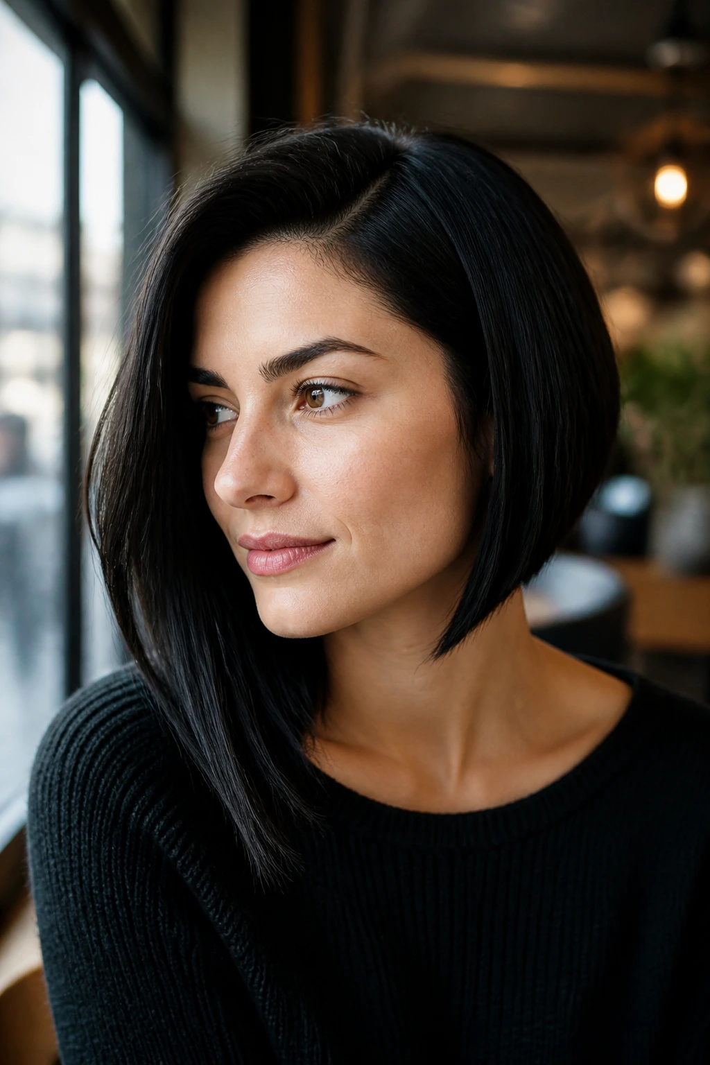 Close-up of real woman with asymmetrical bob hairstyle