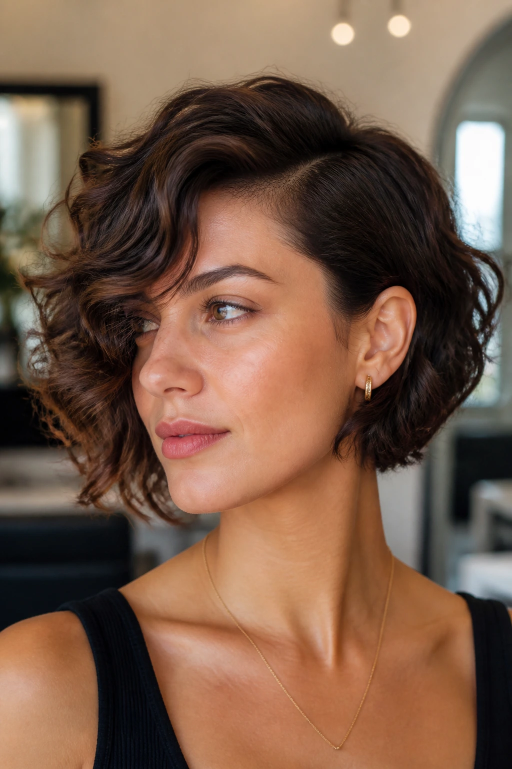 Portrait of a real person with asymmetrical bob and deep side part