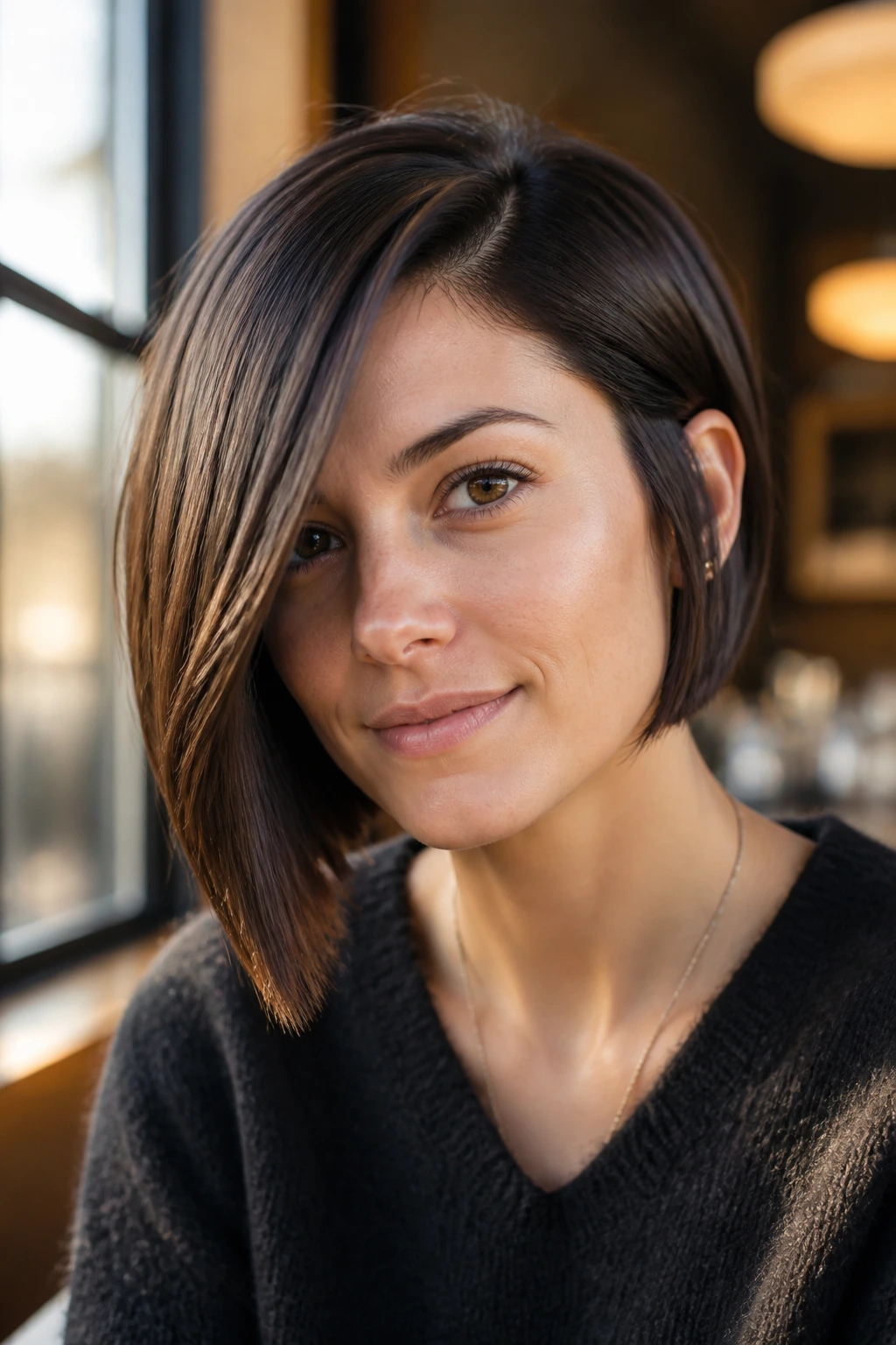 Close-up portrait of a real woman with an asymmetrical bob and deep part in warm cafe window light