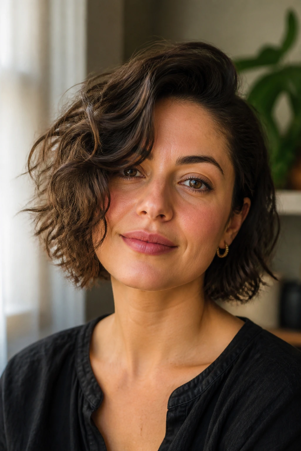 Close-up of a woman with an asymmetrical bob and deep side part