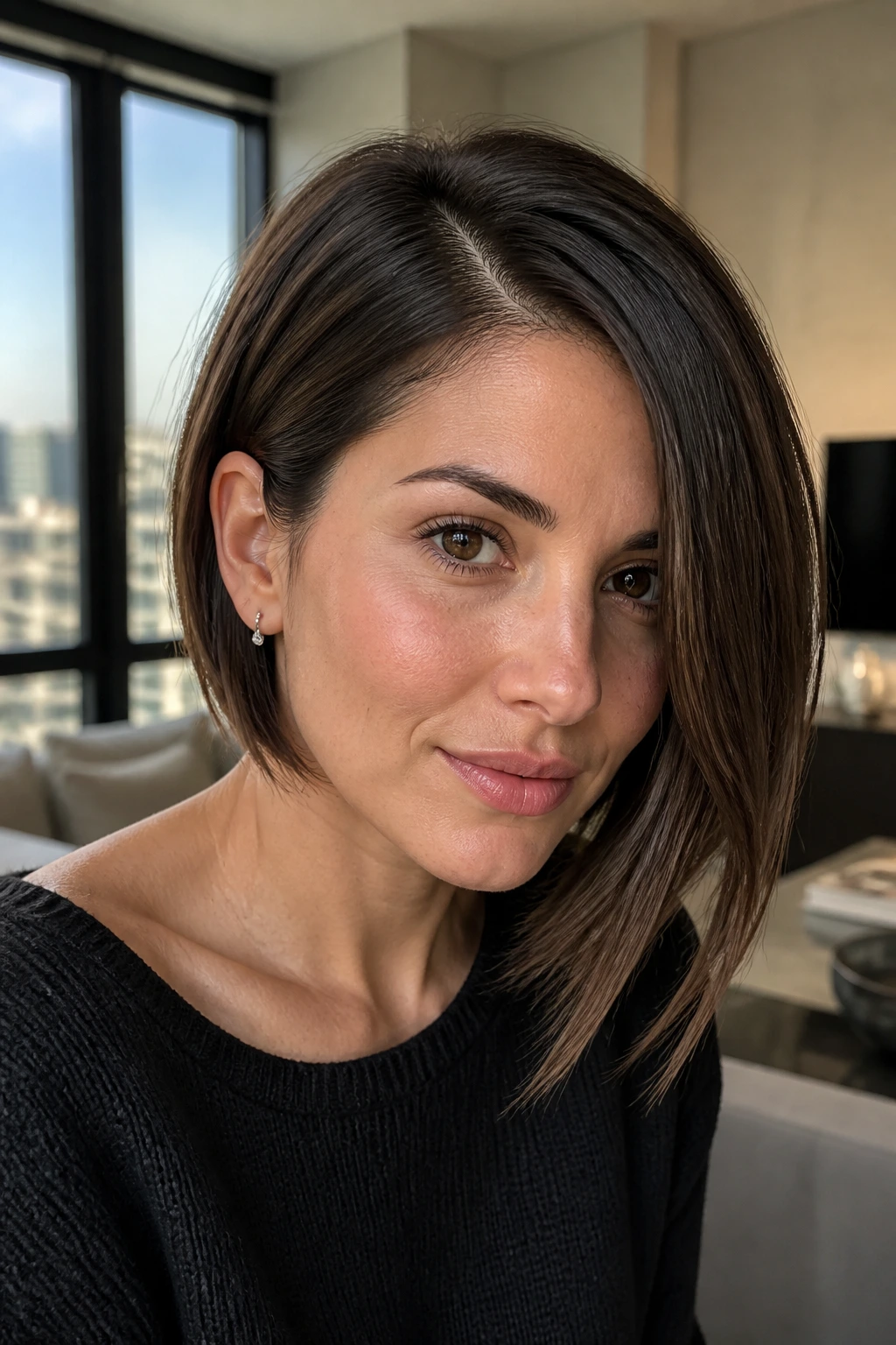 Close-up of a real woman with an asymmetrical bob and deep side part in a bright chic space.