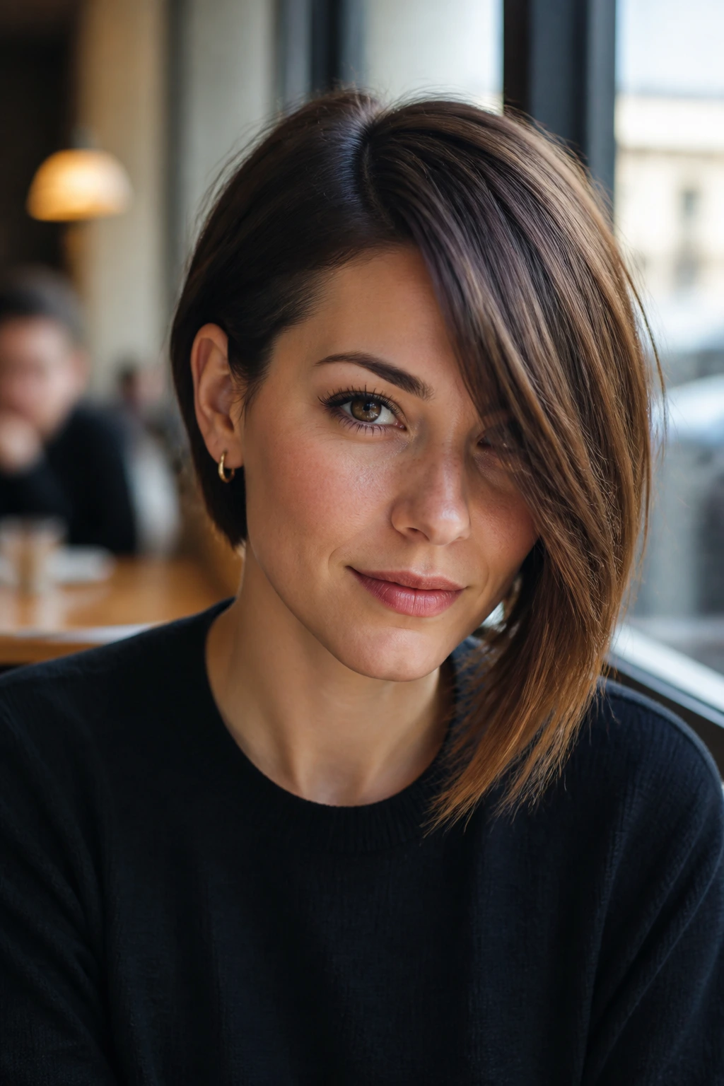Close-up of a real person with an asymmetrical bob and deep side part in cafe light