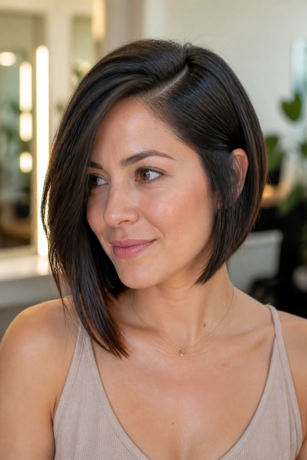 Medium close-up of a real woman sporting an asymmetrical bob with a deep side part