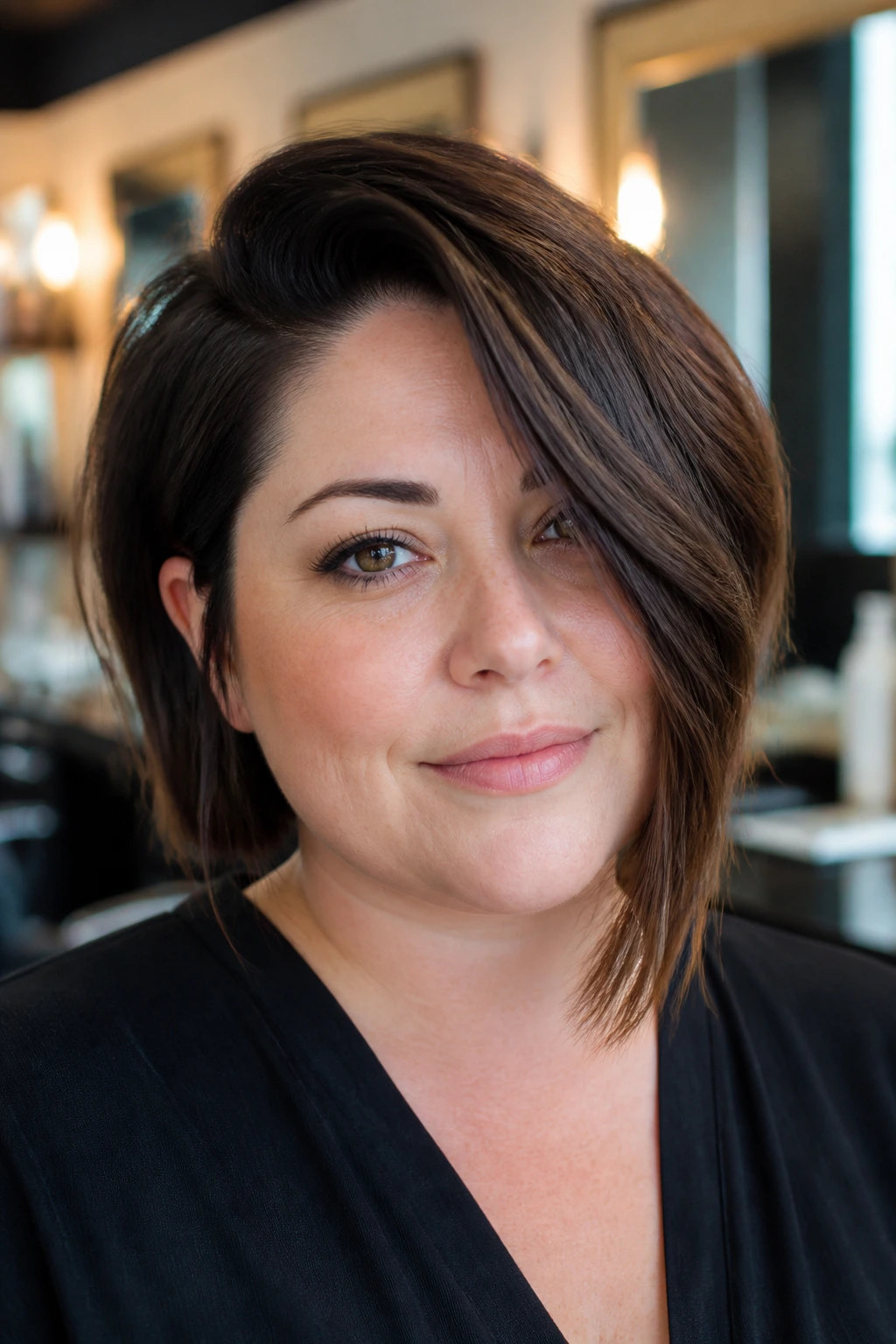 Portrait of real woman with asymmetrical bob and deep side part