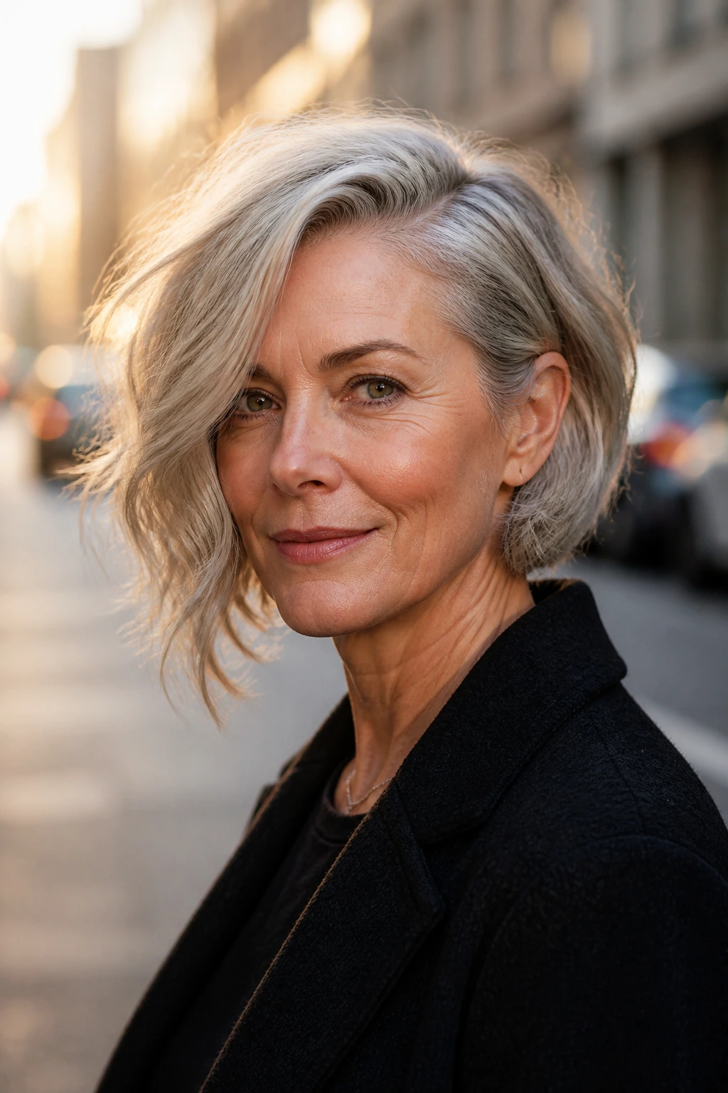Real woman with asymmetrical bob and deep side part in golden hour light.