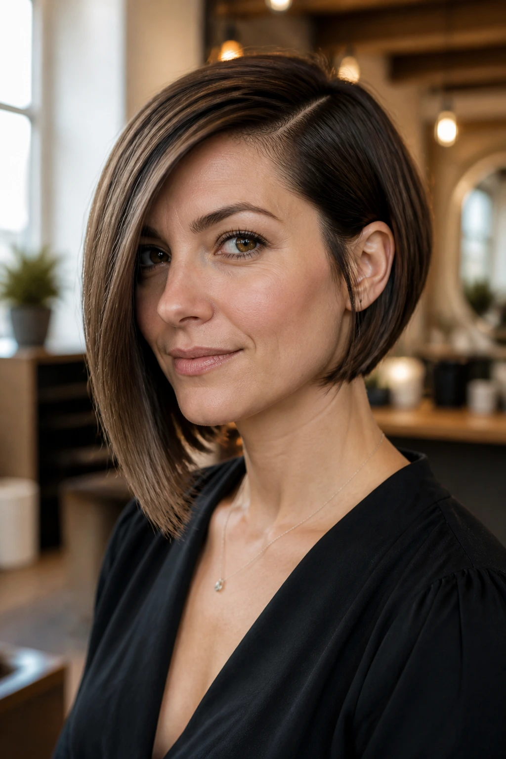 Close-up portrait of a real woman with an asymmetrical bob and deep side part in a salon setting