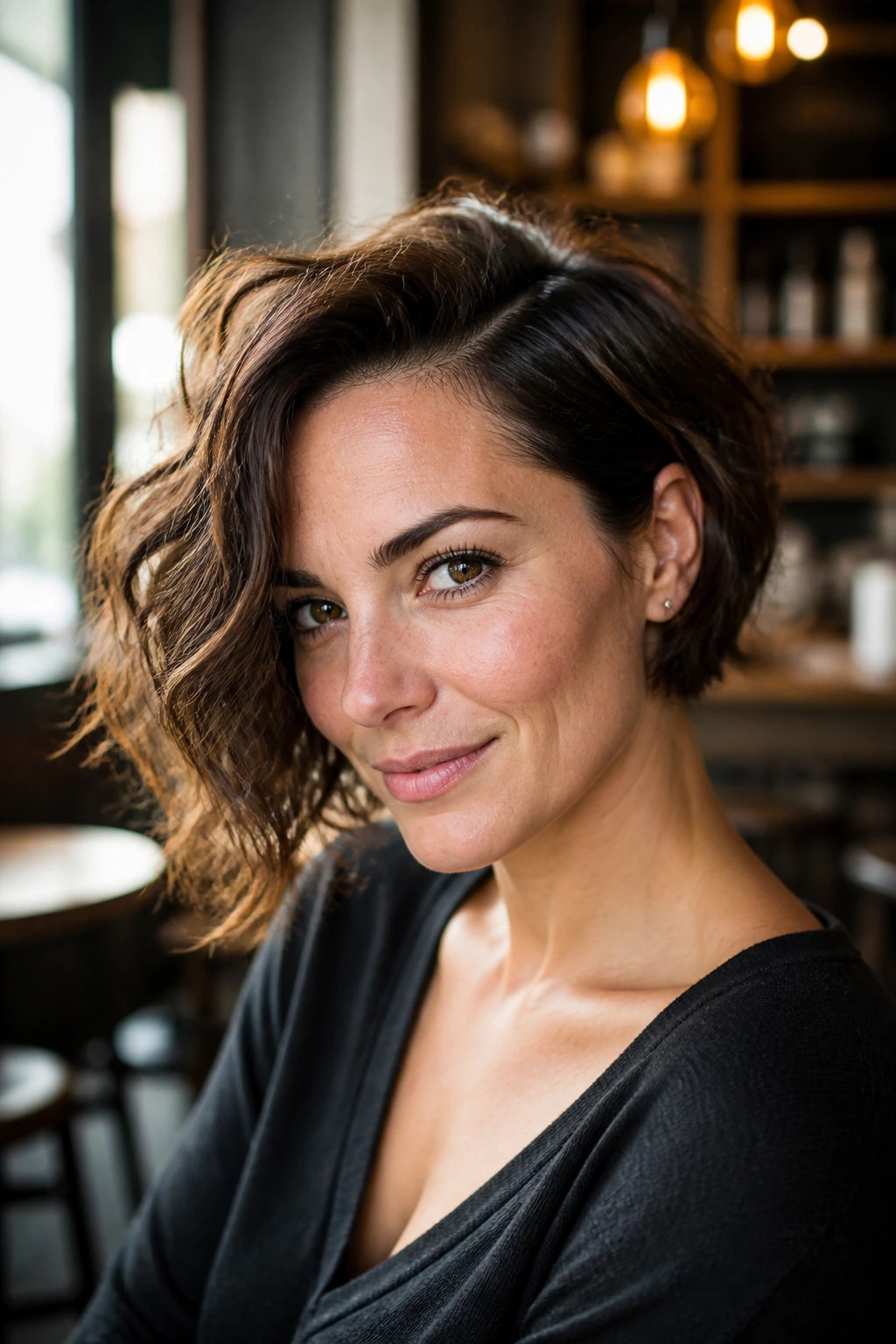 Portrait of a real woman with asymmetrical bob and deep side part in warm cafe light