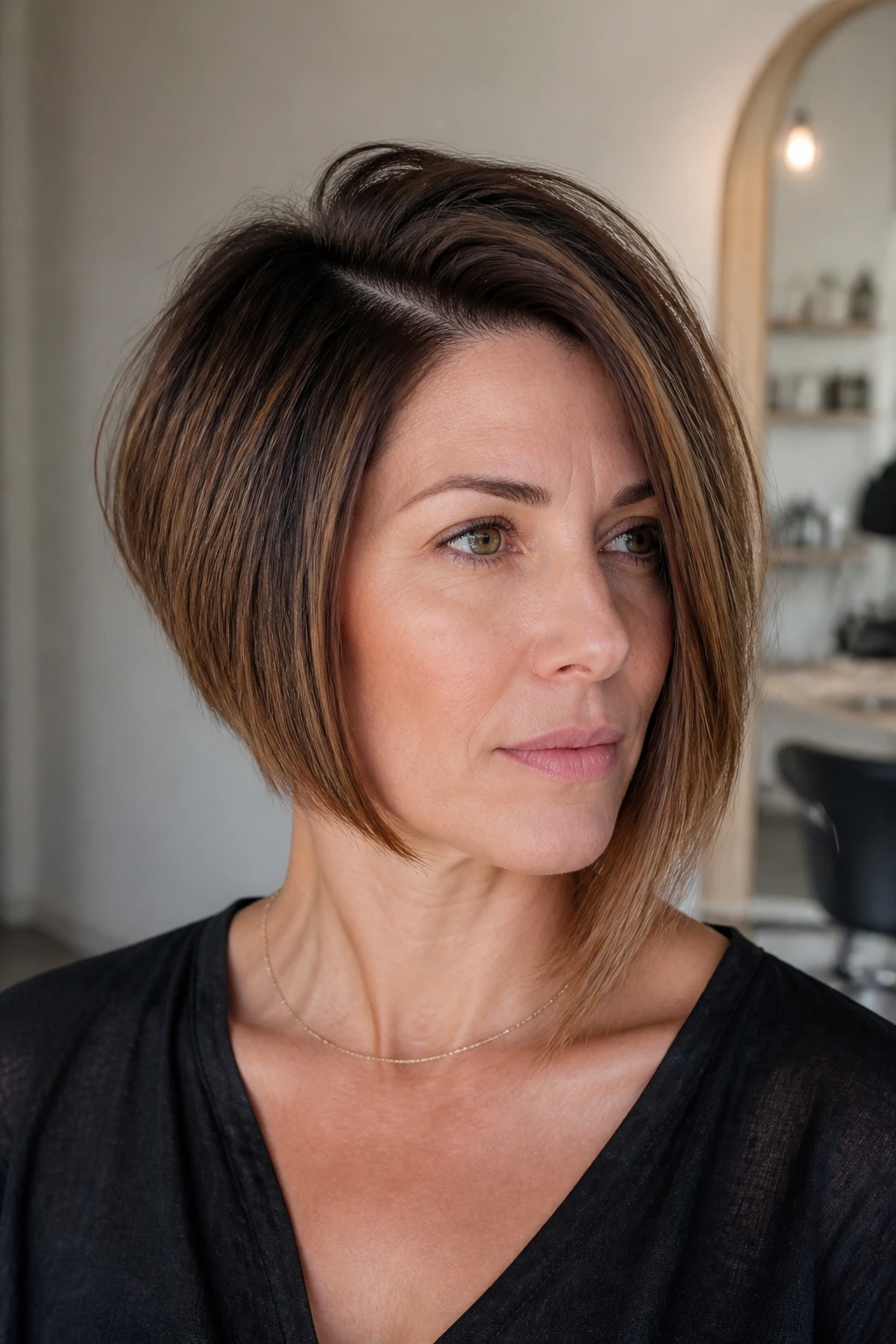 Close-up of a real woman with an asymmetrical bob and deep side part