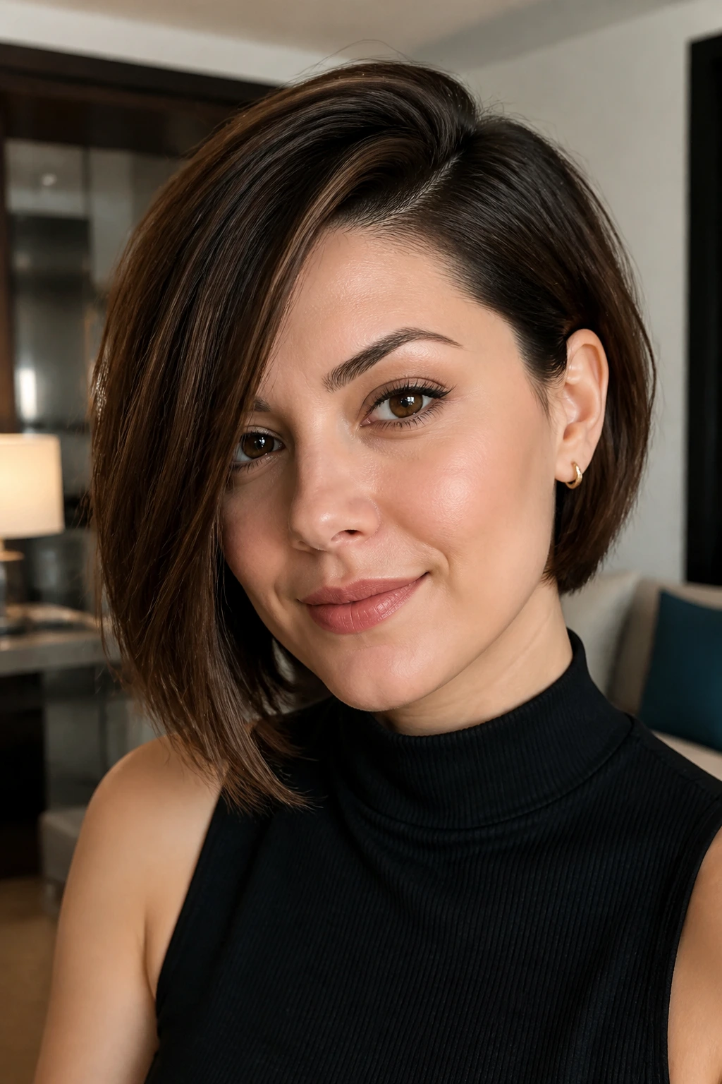 Close-up of real woman with asymmetrical bob and deep side part framing a round face